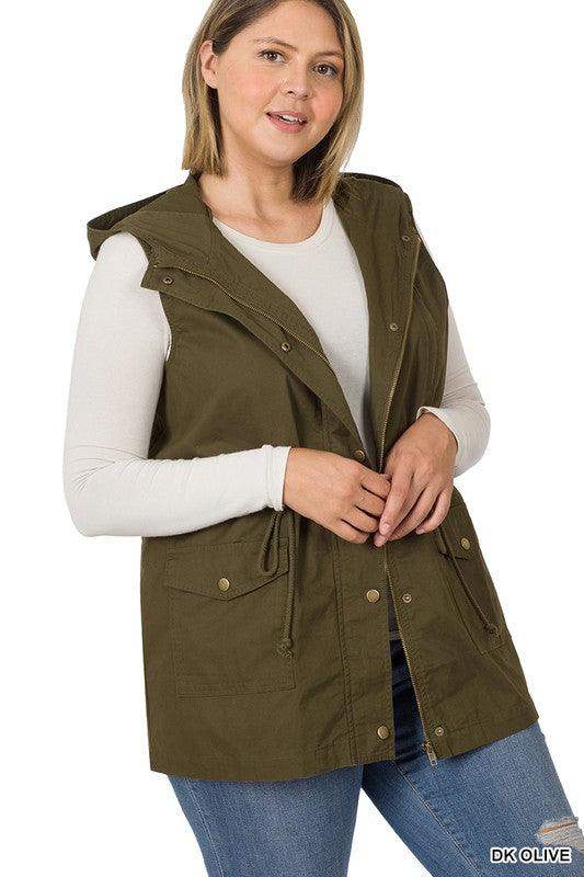 PLUS DRAWSTRING WAIST MILITARY HOODIE VEST IN OLIVE - Esme and Elodie