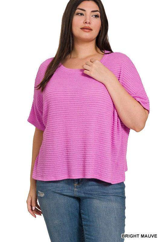 PLUS DROP SHOULDER SHORT SLEEVE JACQUARD SWEATER IN MAUVE - Esme and Elodie