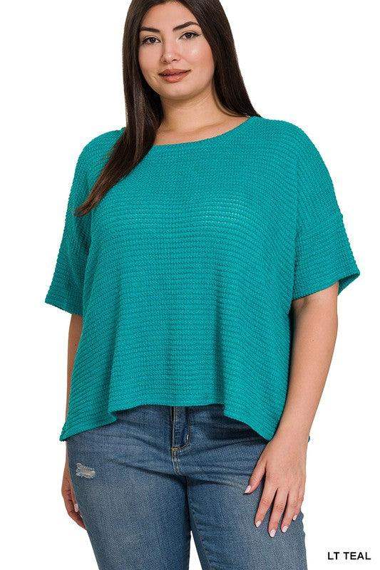 PLUS DROP SHOULDER SHORT SLEEVE JACQUARD SWEATER IN TEAL - Esme and Elodie