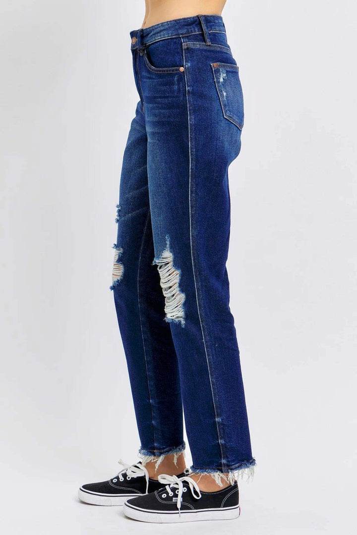 Plus Judy Blue Distressed Straight Leg Jeans in Dark Blue JB88819 - Esme and Elodie