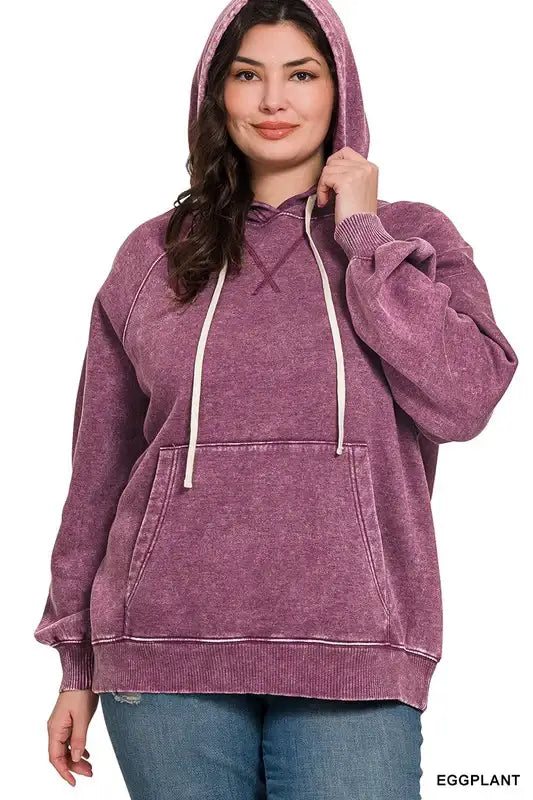 Plus Size Acid Wash Fleece Hoodie With Pockets - Esme and Elodie