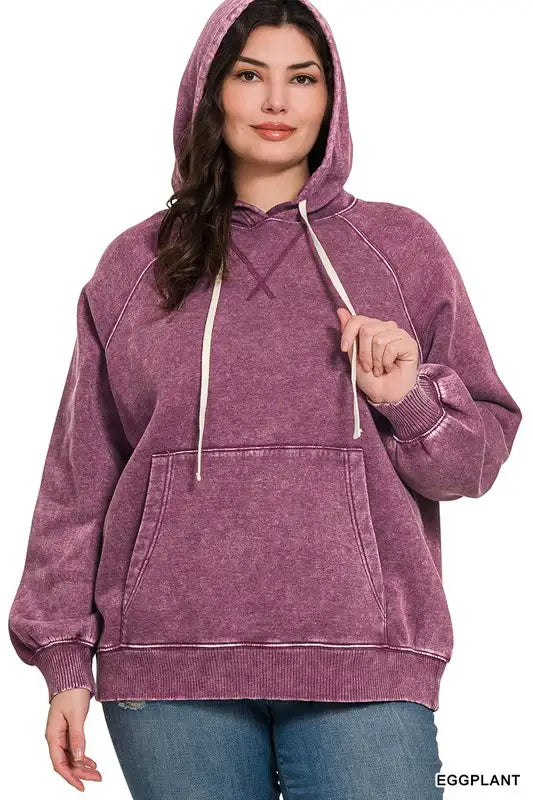 Plus Size Acid Wash Fleece Hoodie With Pockets - Esme and Elodie