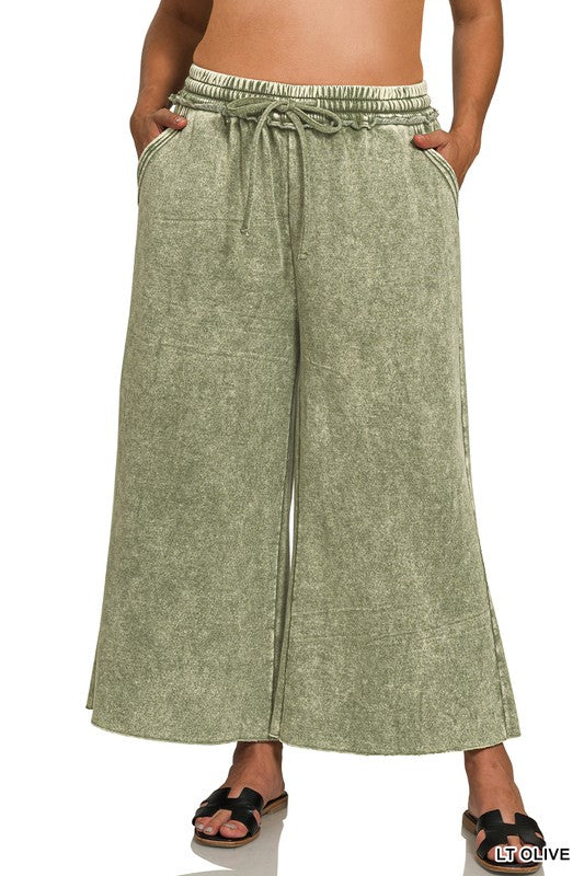 Plus Size acid washed palazzo pants with pockets in Light Olive - Esme and Elodie