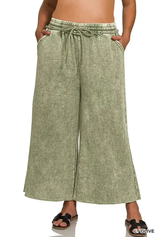 Plus Size acid washed palazzo pants with pockets in Light Olive - Esme and Elodie