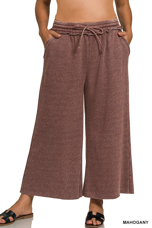 Plus Size acid washed palazzo pants with pockets in Mahogany - Esme and Elodie
