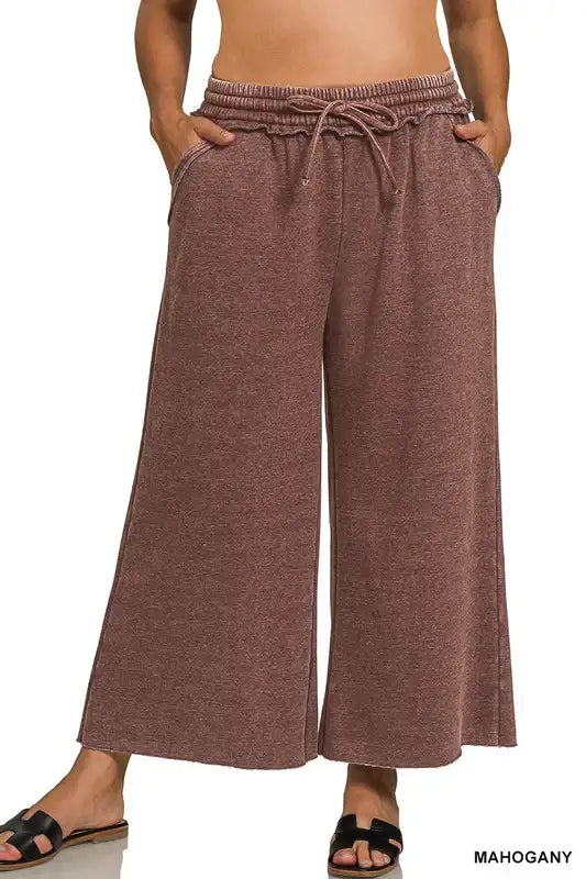 Plus Size acid washed palazzo pants with pockets in Mahogany - Esme and Elodie
