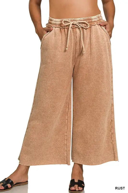Plus Size acid washed palazzo pants with pockets in Rust - Esme and Elodie