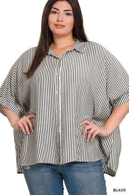 PLUS SIZE DOLMAN STRIPED BUTTON UP TOP IN BLACK AND WHITE - Esme and Elodie