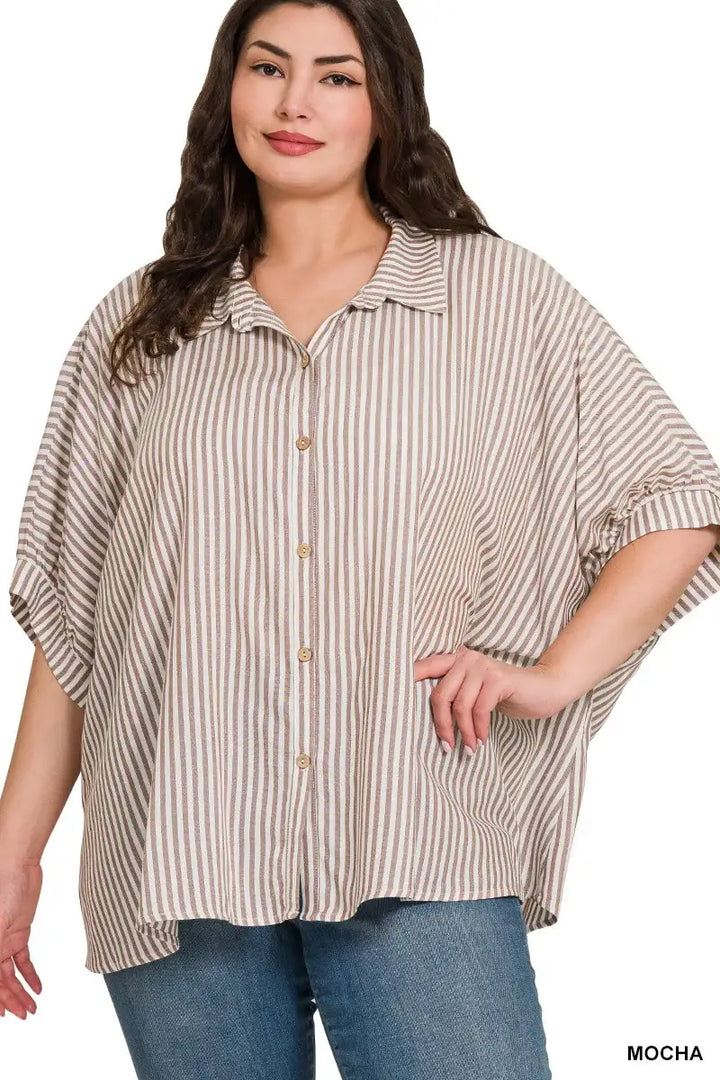PLUS SIZE DOLMAN STRIPED BUTTON UP TOP IN MOCHA AND WHITE - Esme and Elodie