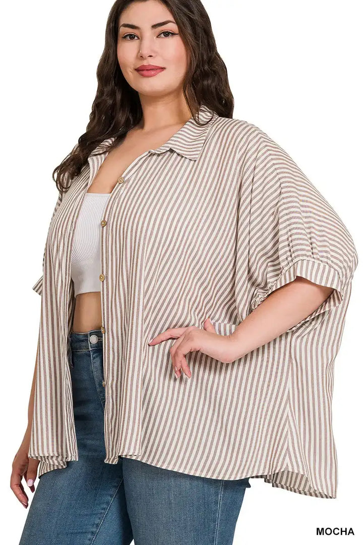 PLUS SIZE DOLMAN STRIPED BUTTON UP TOP IN MOCHA AND WHITE - Esme and Elodie
