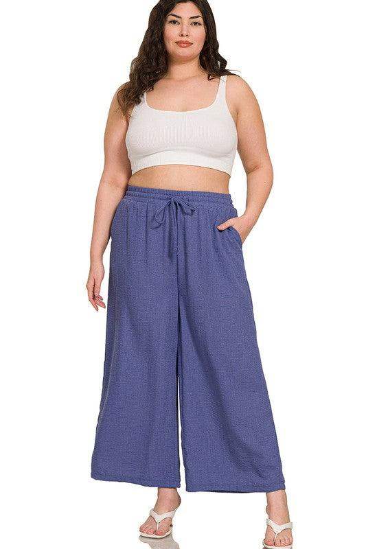 Plus Size Elastic Waist Band Comfy Work Pants Bright Blue - Esme and Elodie