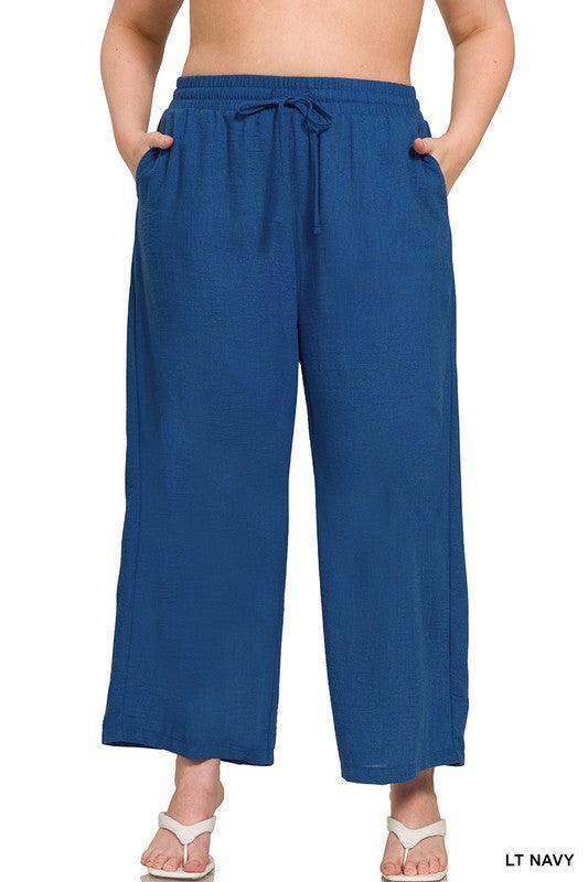 Plus Size Elastic Waist Band Comfy Work Pants Navy Blue - Esme and Elodie