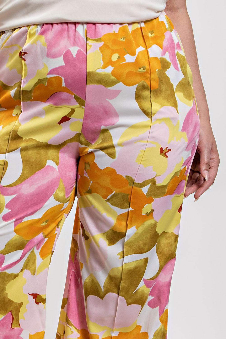 Plus Size Pintucked Slit Pants in Pink Floral - Esme and Elodie