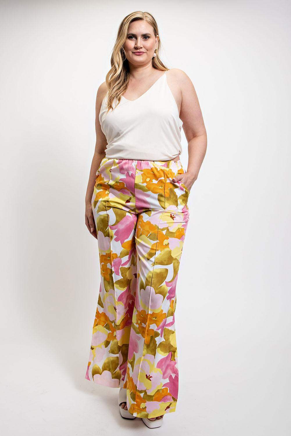 Plus Size Pintucked Slit Pants in Pink Floral - Esme and Elodie