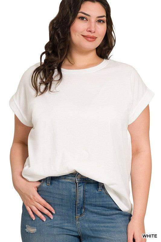Plus Size round neck folded short sleeve t-shirt in white - Esme and Elodie
