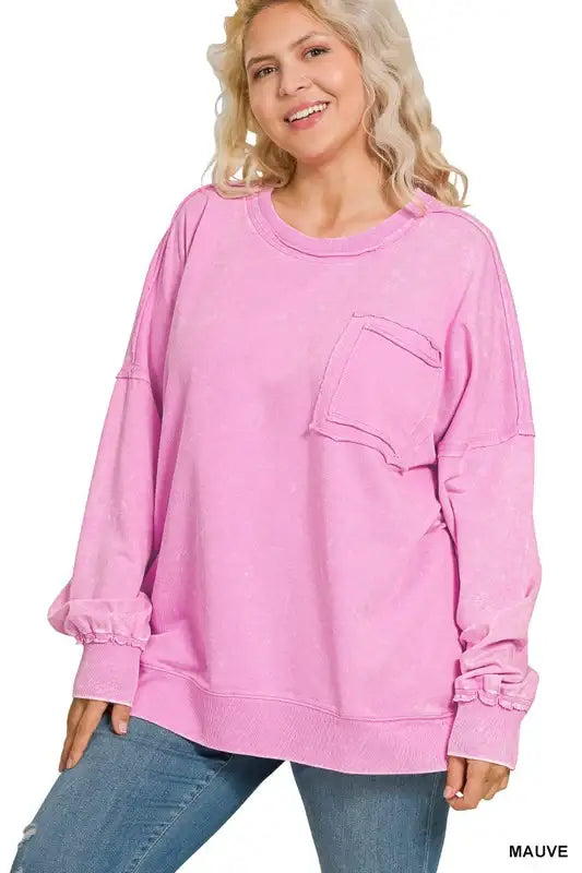 Plus Size Terry Acid Wash Pullover In multiple colors - Esme and Elodie