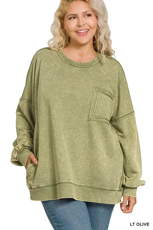Plus Size Terry Acid Wash Pullover In multiple colors - Esme and Elodie