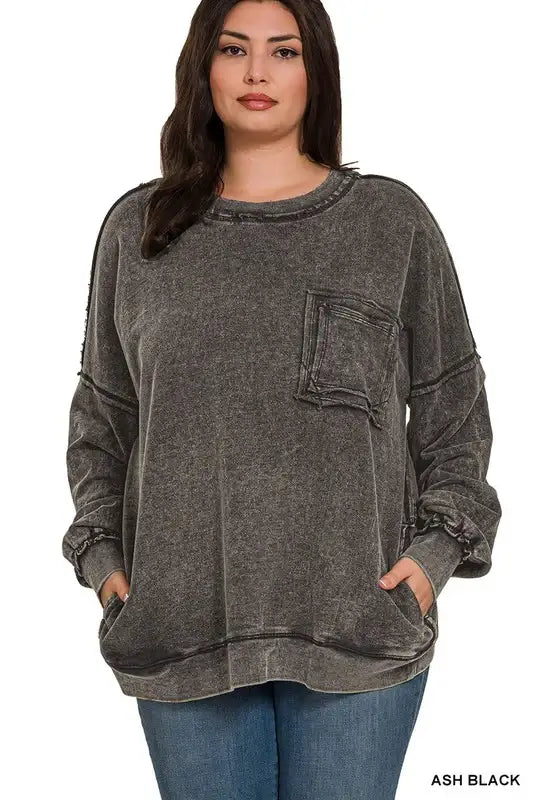 Plus Size Terry Acid Wash Pullover In multiple colors - Esme and Elodie