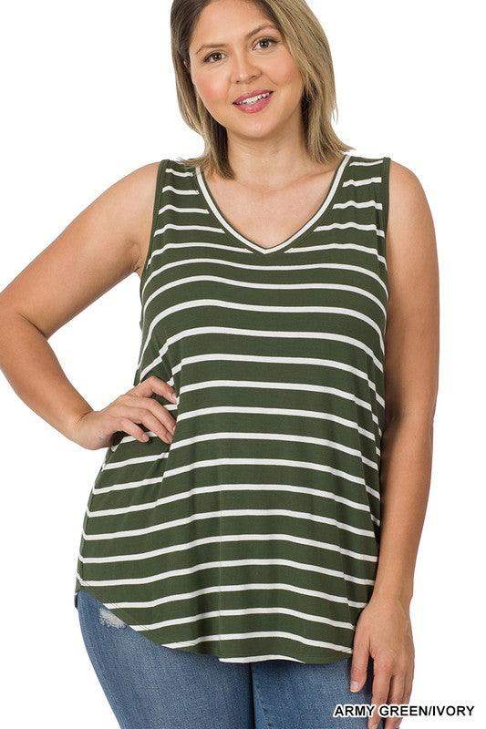 PLUS STRIPE SLEEVELESS V-NECK TOP in ARMY GREEN AND IVORY - Esme and Elodie