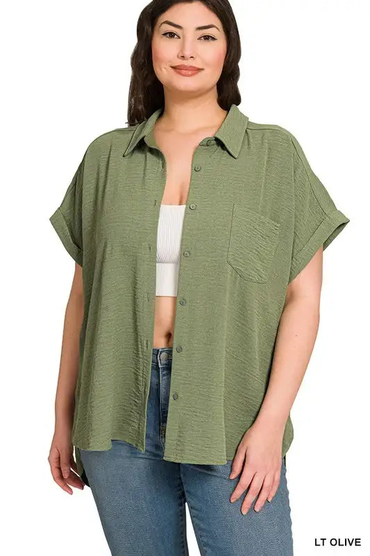 Plus Woven Airflow Button Down Shirts in multiple Colors - Esme and Elodie