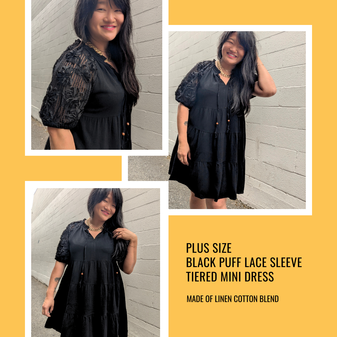 Plus Size Black Linen Lace puff sleeve tiered mini dress
