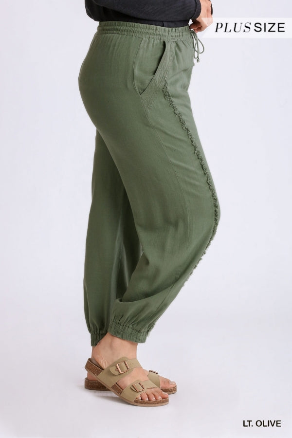 Plus Size Linen Blend frayed edge jogger pants in olive – Esme and