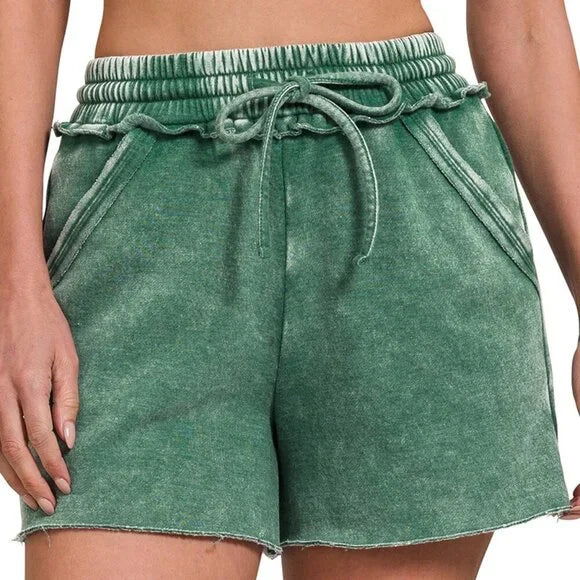 Women's Acid Wash Fleece Drawstring Shorts w/Pockets - dk green - Esme and Elodie