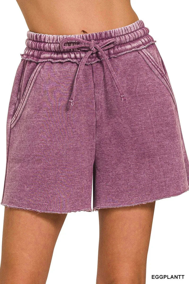 Women's Acid Wash Fleece Drawstring Shorts w/Pockets - eggplant - Esme and Elodie
