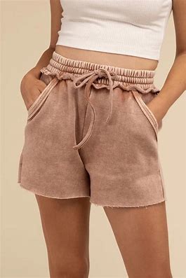 Women's Acid Wash Fleece Drawstring Shorts w/Pockets - mahogany - Esme and Elodie