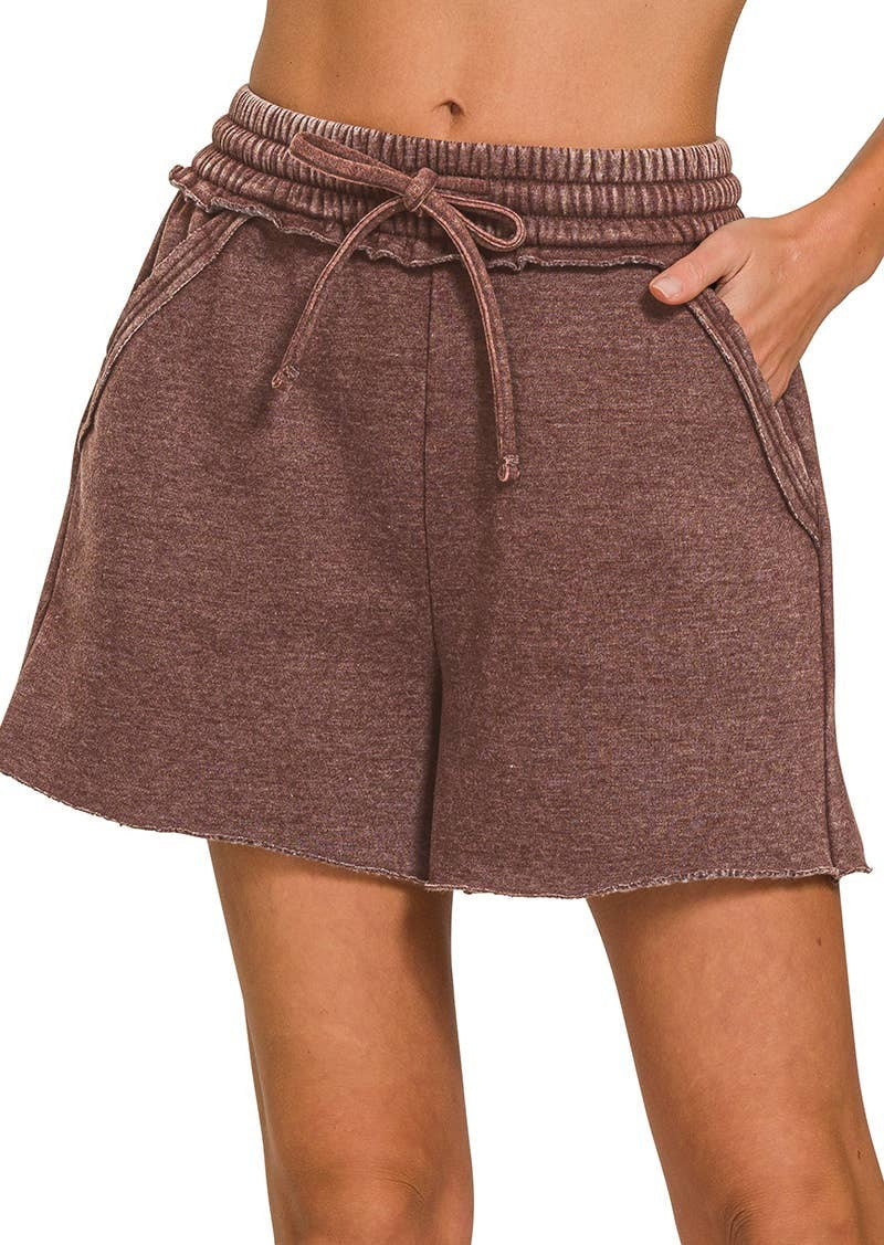 Women's Acid Wash Fleece Drawstring Shorts w/Pockets -mocha - Esme and Elodie