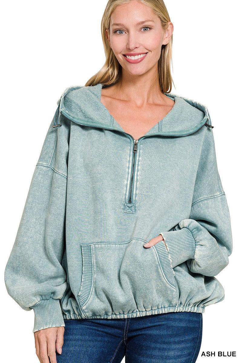 Women's Drawstring Hem Half Zip Hoodie in Ash Blue - Esme and Elodie