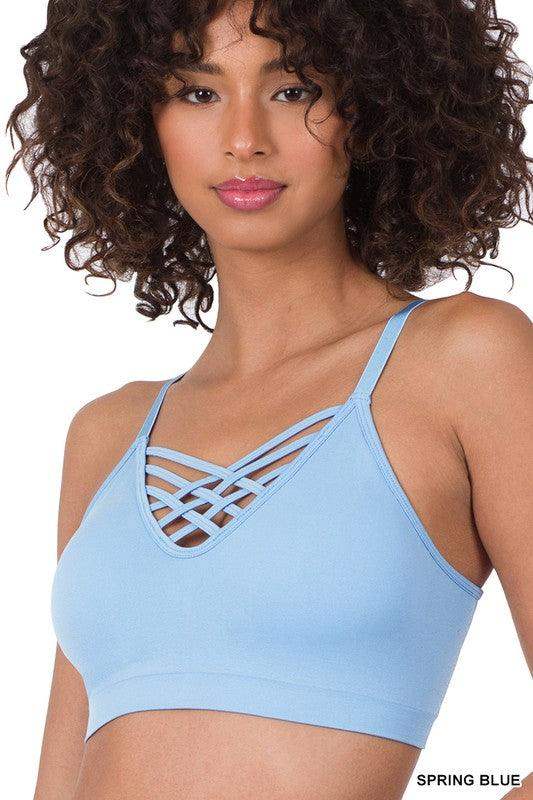 Womens Front Lattice Seamless Bralette in spring blue - Esme and Elodie