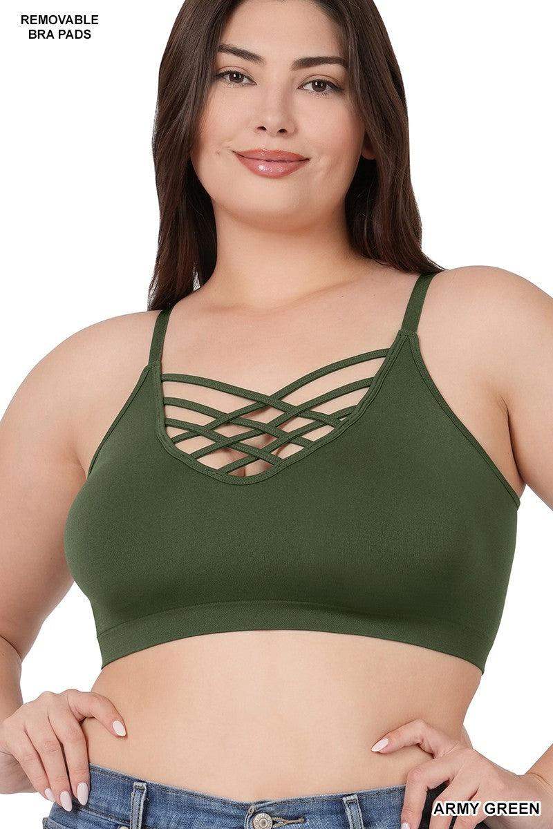 Womens PLUS FRONT V LATTICE SEAMLESS BRALETTE in Army Green - Esme and Elodie