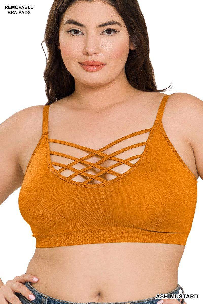 Womens PLUS FRONT V LATTICE SEAMLESS BRALETTE in Ash Mustard - Esme and Elodie