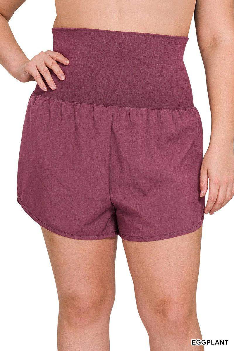 Womens PLUS HIGH WAIST BAND FOLD-OVER RUNNING SHORTS in Eggplant - Esme and Elodie