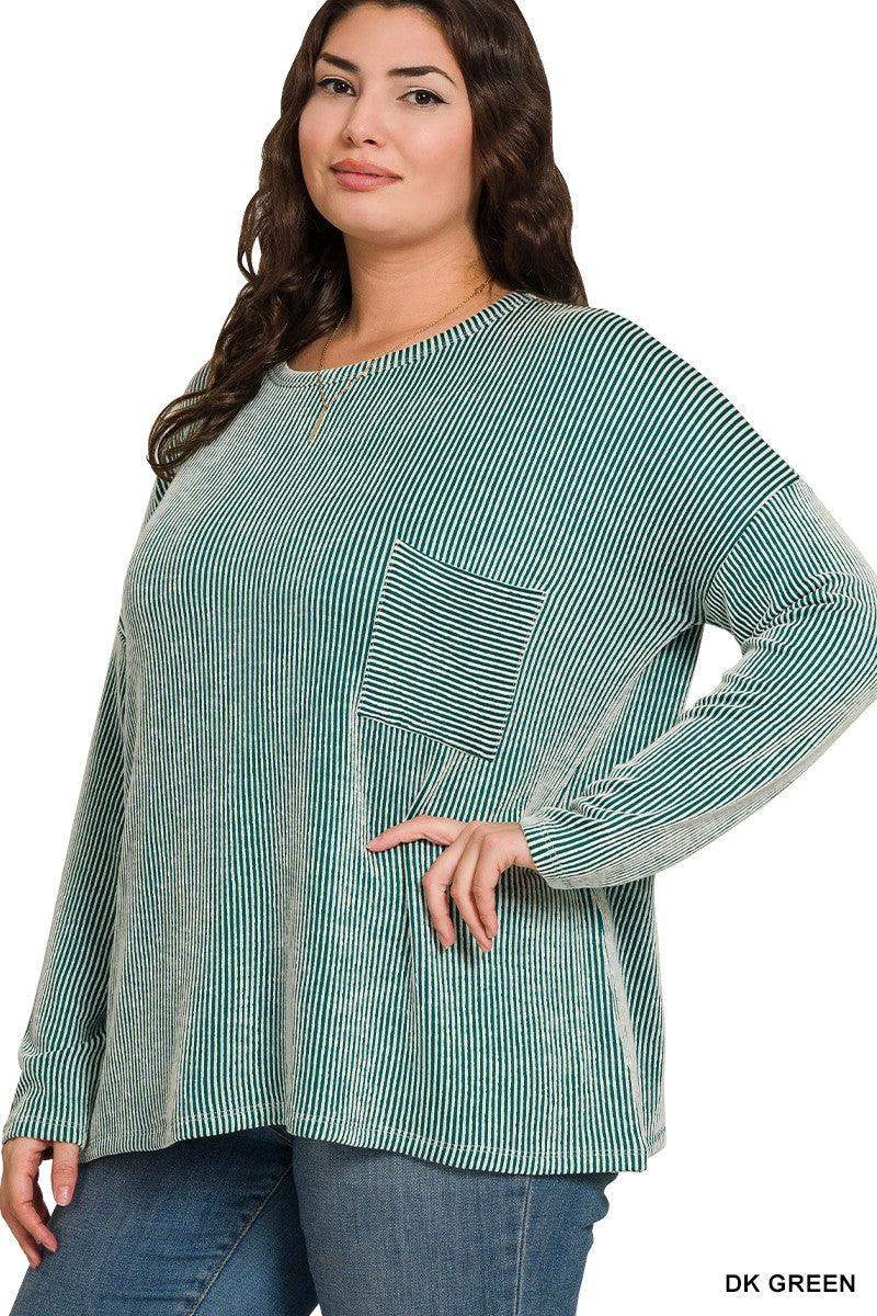 Womens PLUS RIBBED STRIPED OVERSIZED LONG SLEEVE TOP - Dark Green - Esme and Elodie