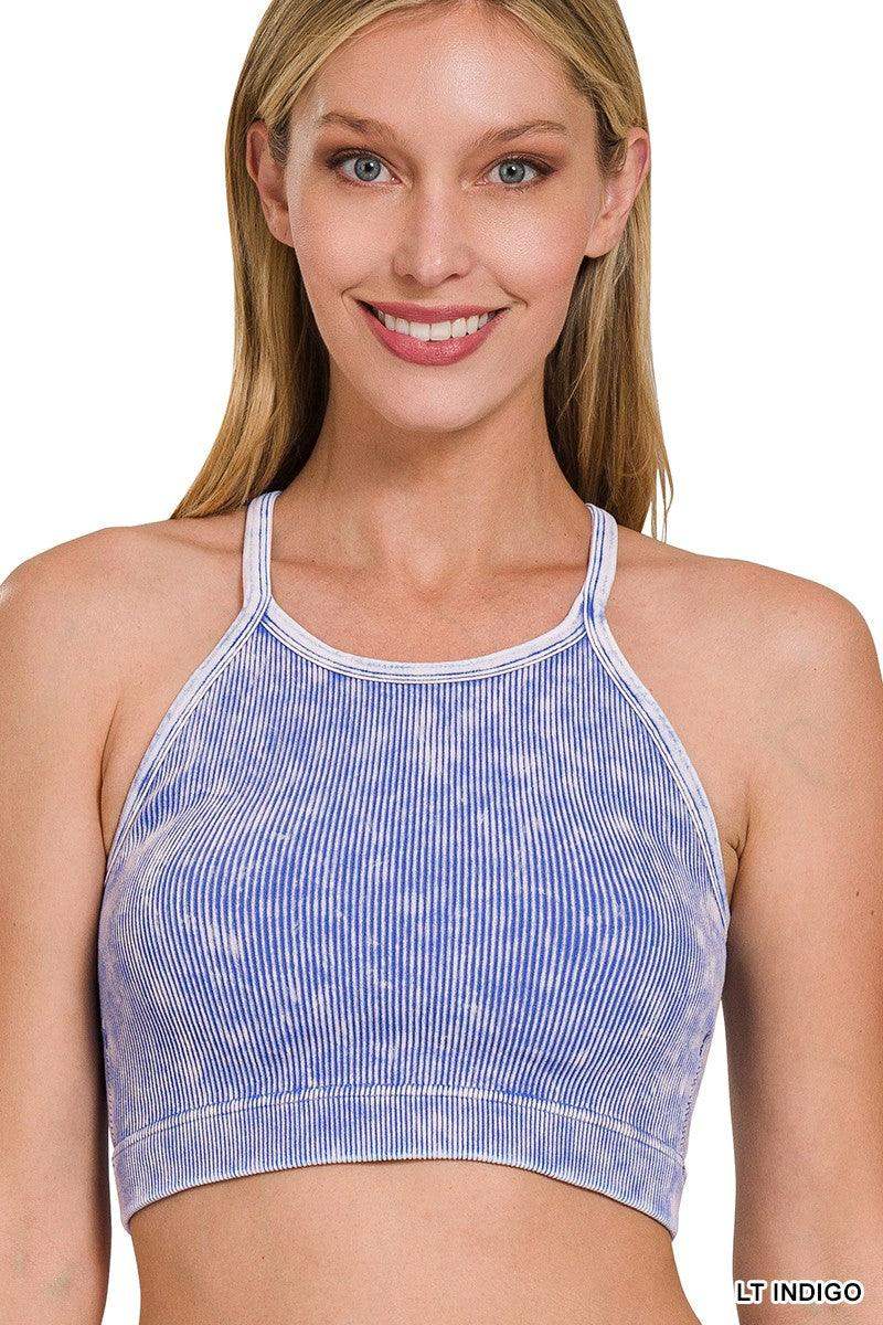 Womens Ribbed Seamless High Neck Cami Top in Washed Indigo - Esme and Elodie