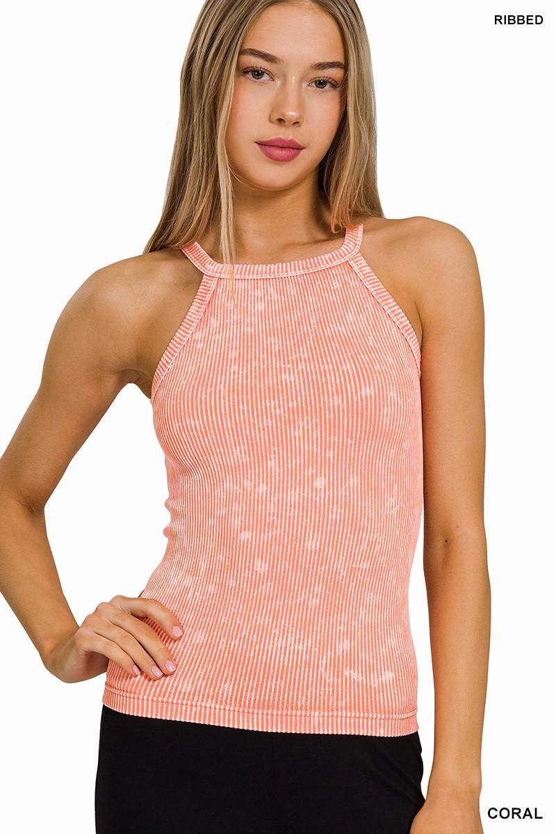 Womens STONE WASHED RIBBED SEAMLESS CAMI TOP in Coral - Esme and Elodie