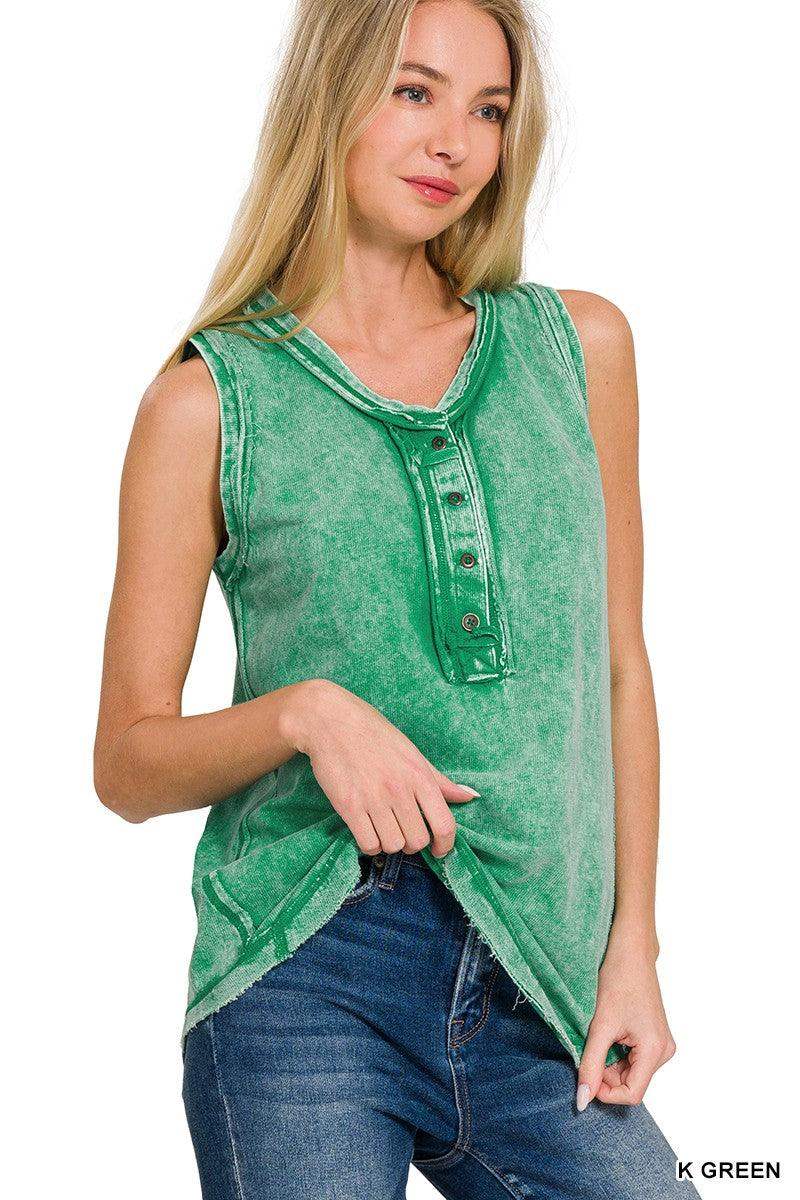 Womens WASHED HALF-BUTTON RAW EDGE SLEEVELESS HENLEY TOP in Kelly Green - Esme and Elodie