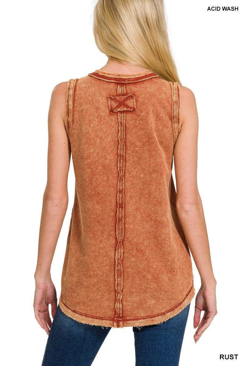 Womens WASHED HALF-BUTTON RAW EDGE SLEEVELESS HENLEY TOP in Rust - Esme and Elodie
