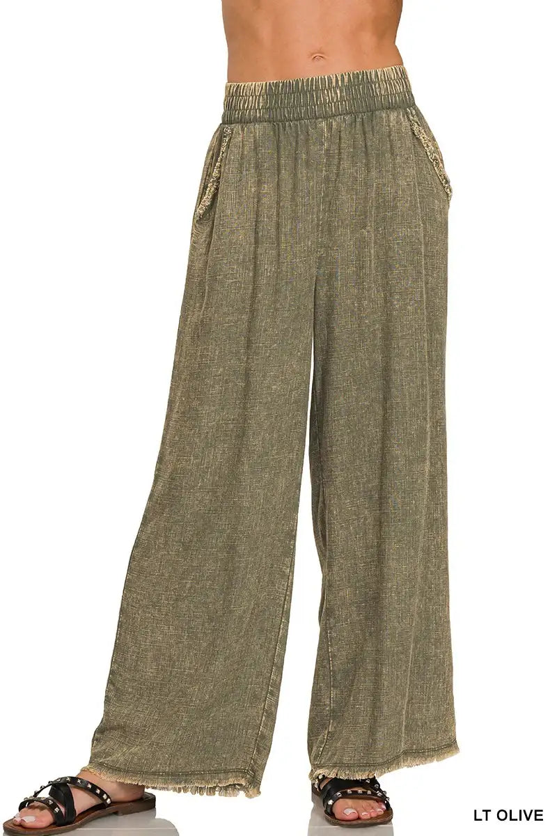 Womens WASHED LINEN FRAYED HEM ELASTIC BAND WAIST PANTS in Light Olive - Esme and Elodie