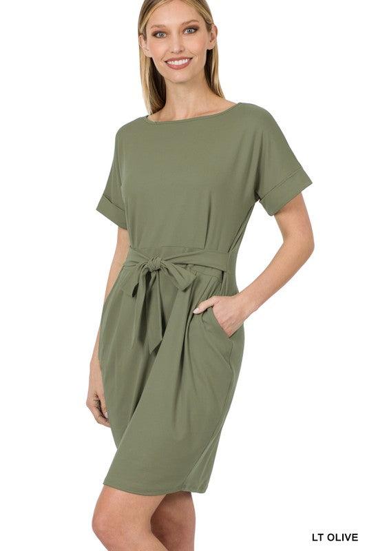 Women's brushed tie belt dress in light olive - Esme and Elodie