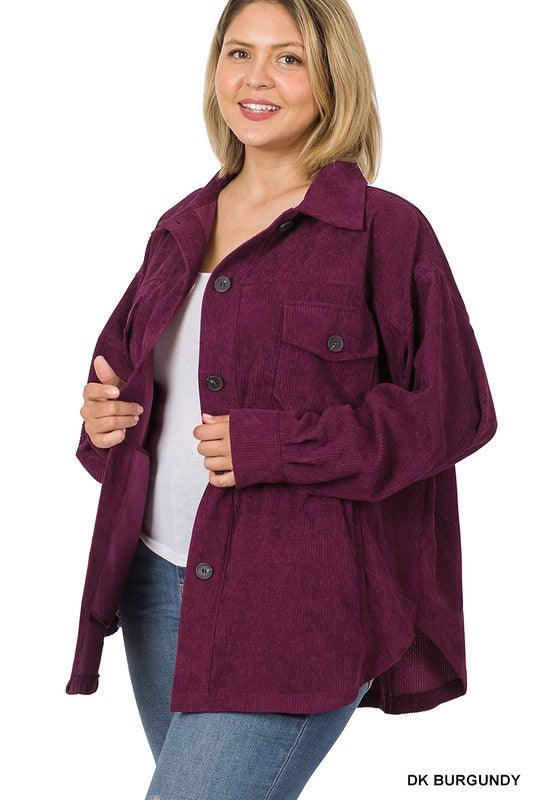 Plus Size oversize corduroy button front jacket in DK. Burgundy - Esme and Elodie