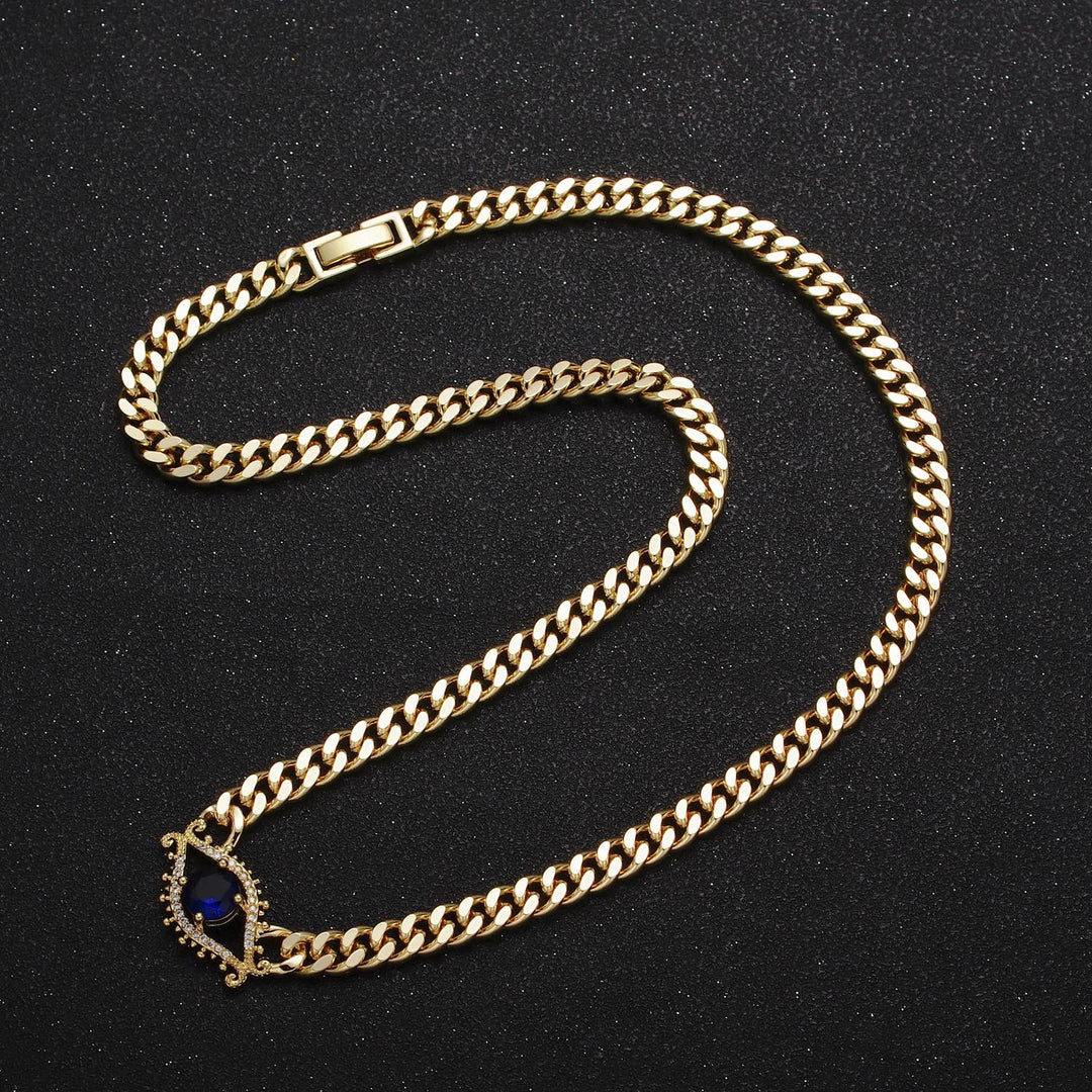 Bold Statement Gold Curb Chain Necklace CZ Evil Eye Charm