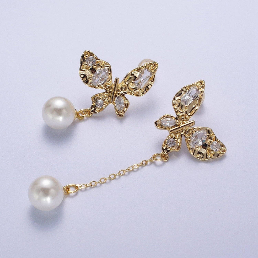 24K Gold Filled Hammered Butterfly Clear Cubic Zirconia Wings Pearl Charm Dangle Drop Stud Earrings | Y034