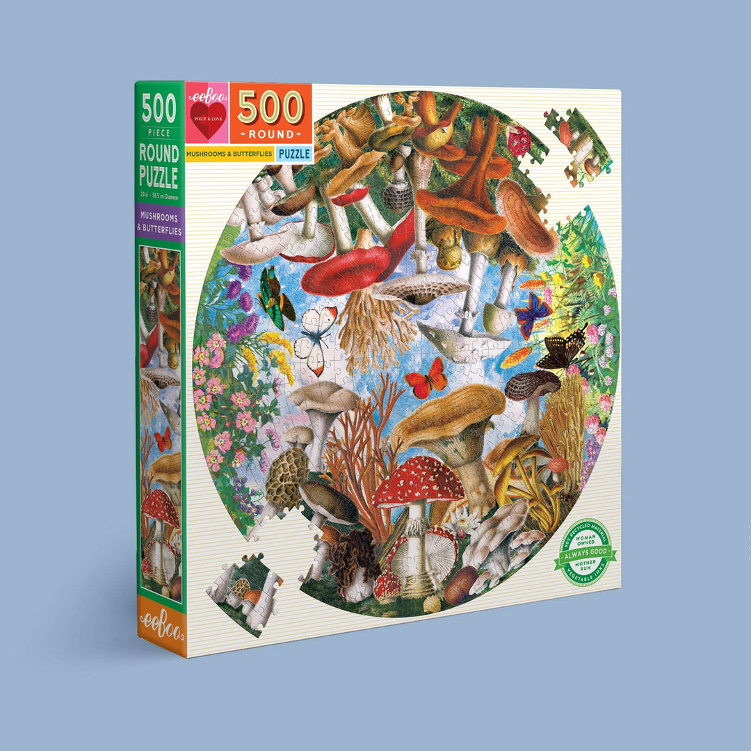 eeBoo - Mushrooms and Butterflies 500 Piece Round Puzzle
