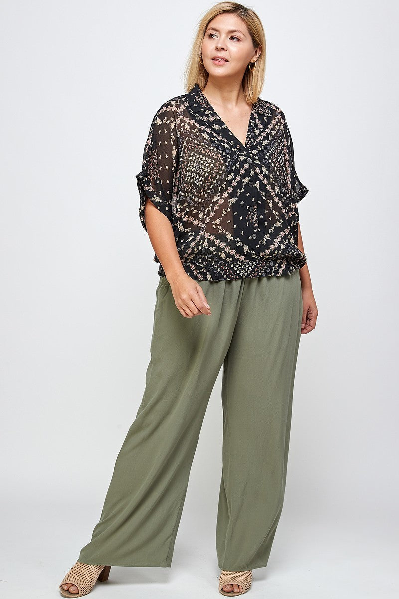 Plus Solid Full Length Wide Leg Palazzo Pants