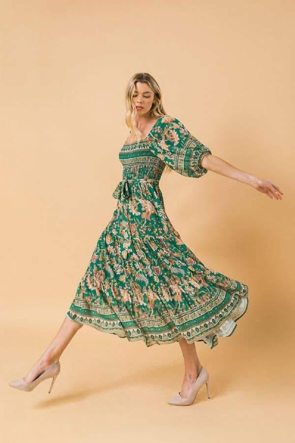 Raya- emerald printed woven midi dress - Esme and Elodie