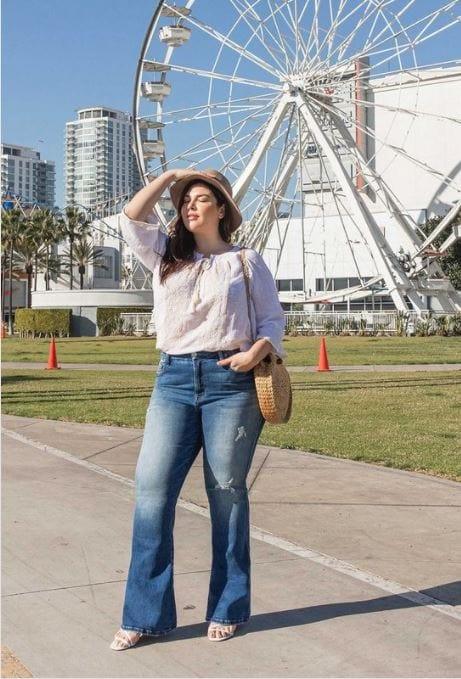 Christen plus size high rise waistband distressed flare denim jean