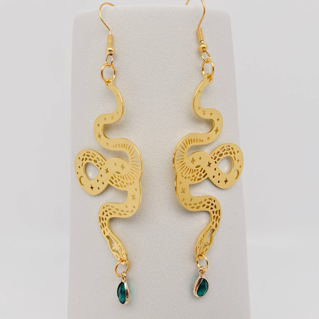 Mio Queena - Bohemian Star Moon Snake Earrings Green Crystal Pendant